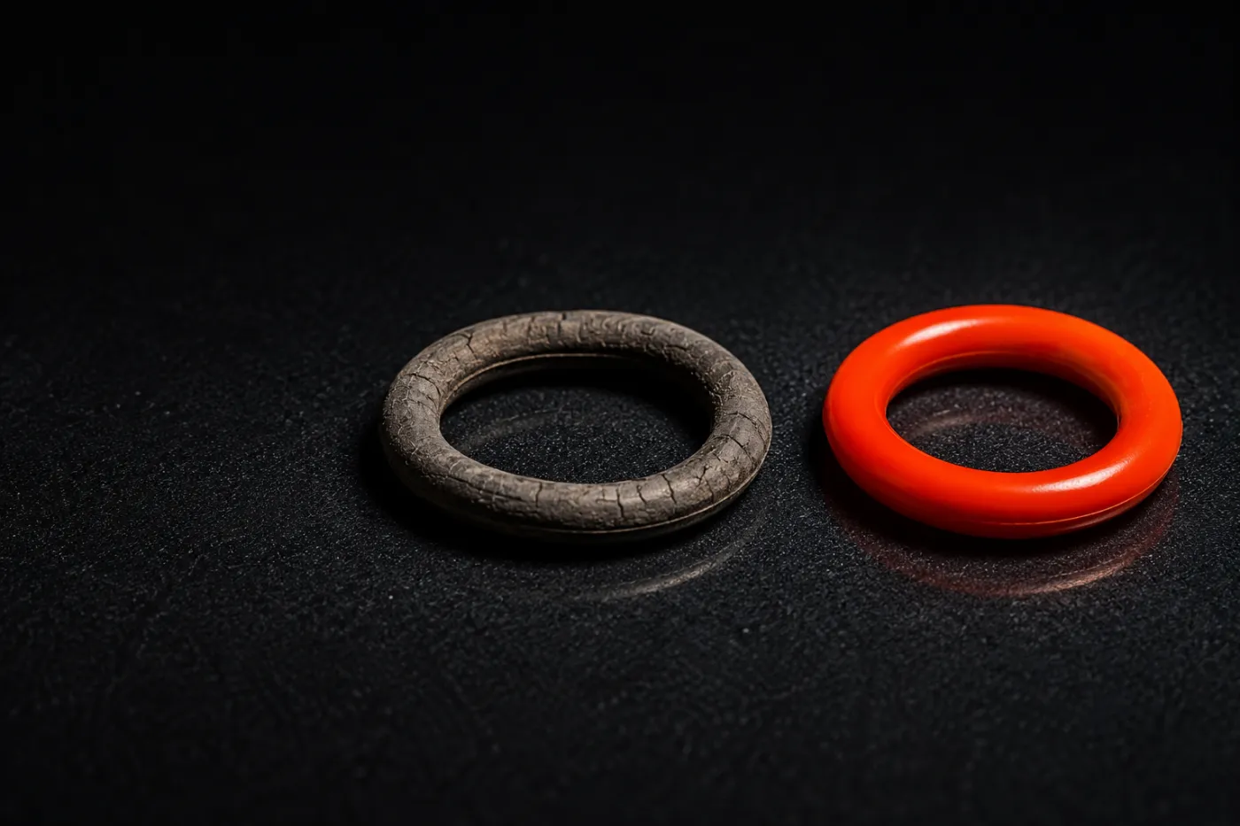 A perished, cracked rubber O-ring beside a new one in the right compound