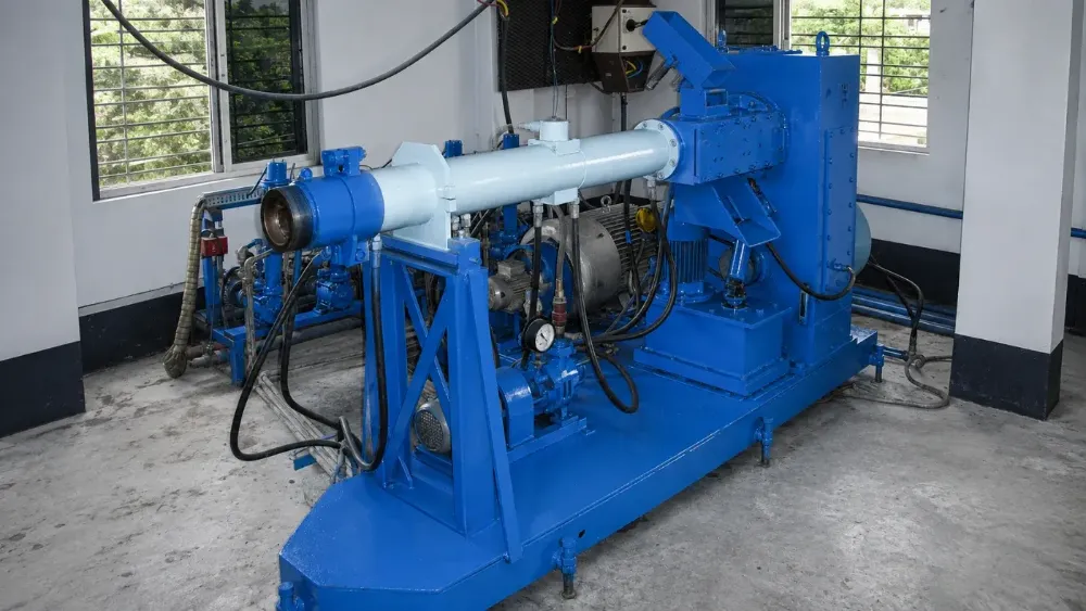 Rubber extruder with heated barrel and die head at the Silton Rubber plant, Howrah